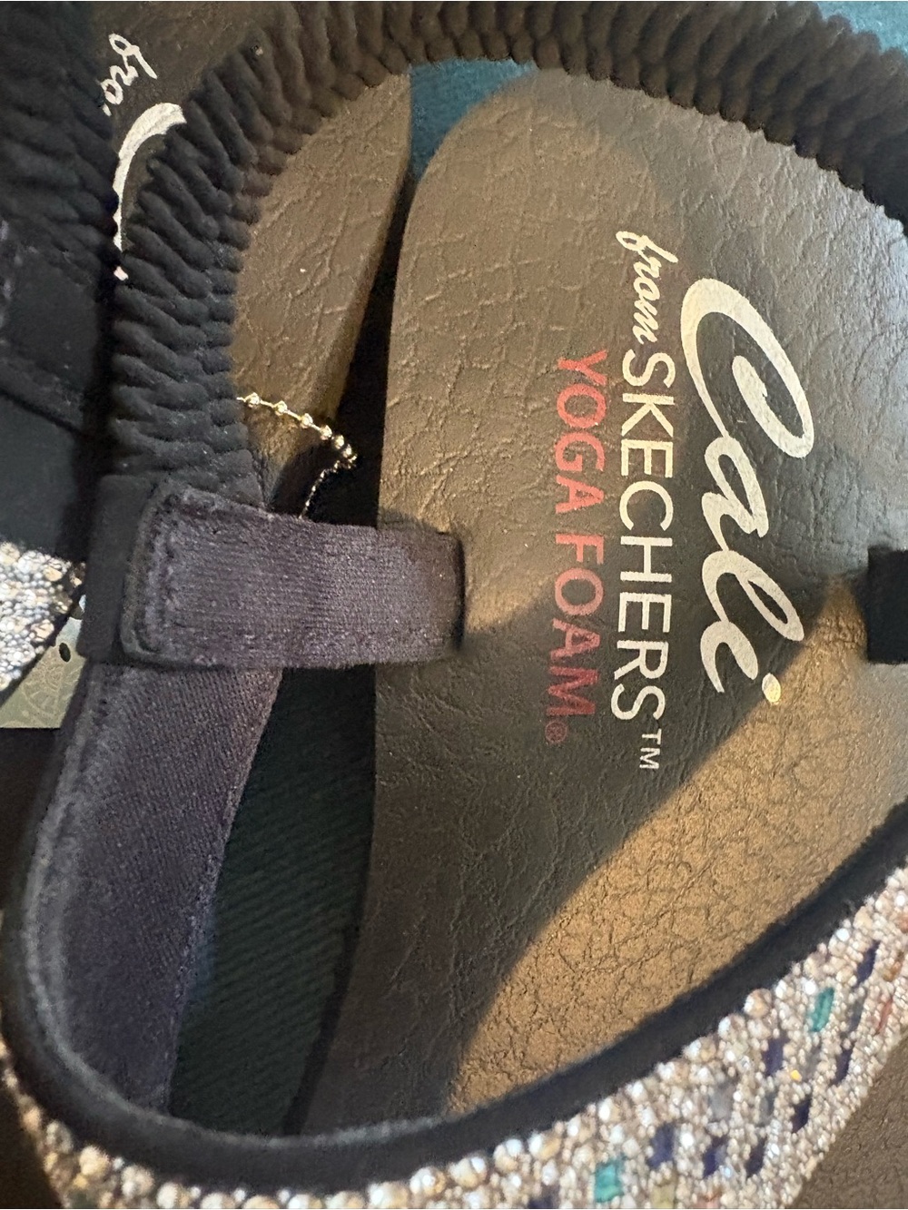 Skechers Black Yoga Foam T-strap Sandals with Multicolor Crystal Accents - Picture 7 of 10